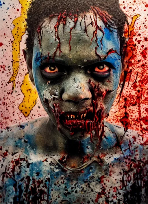 Image similar to african american zombie hollywood artwork professional acting headshot, hyperrealism, intricate detail, studio lighting, charming expression gesicht, hauntingly beautiful zombie, watercolor art, epic, legendary, drawn and painted, colored layers, dulled contrast, exquisite fine art, splatterpaint