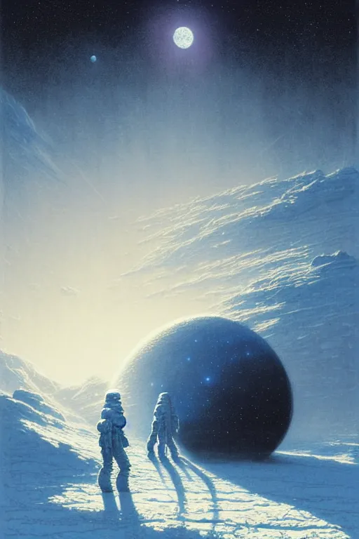 Image similar to emissary space by arthur haas and bruce pennington and john schoenherr, planet hoth, snowy mountains, blue hour, cinematic matte painting, 8 k, color palate alien planet under arctic moonlight by moebius by jakub rozalski by paul lehr by dan mumford, dark color palate,