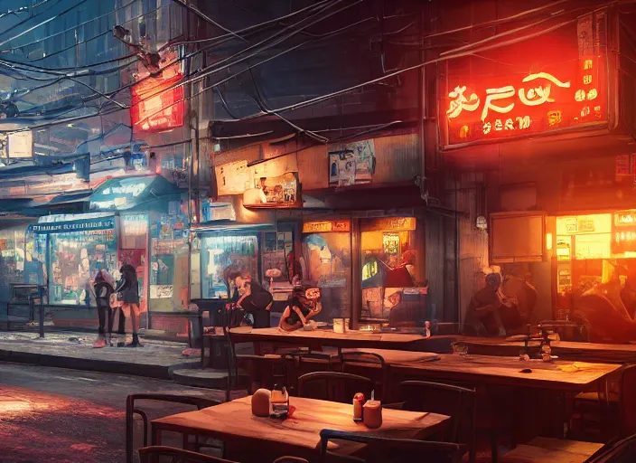 Image similar to seen through a window!! a small cozy ramen restaurant in a busy thriving cyberpunk street at night, trending on cgsociety, unreal engine, 4 k wallpaper