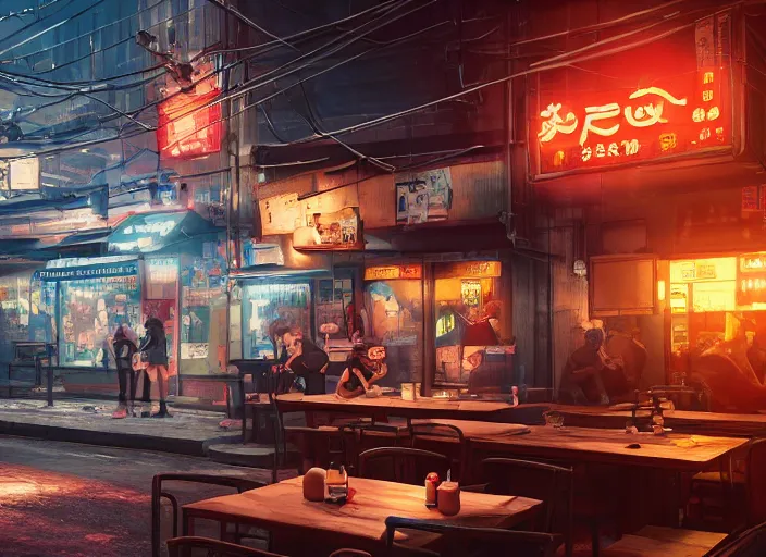 Prompt: seen through a window!! a small cozy ramen restaurant in a busy thriving cyberpunk street at night, trending on cgsociety, unreal engine, 4 k wallpaper