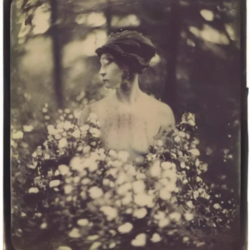 Prompt: portrait of a beautiful woman corpse covered in flowers in the middle of a Forest, ray gods, 1910 polaroid photography,