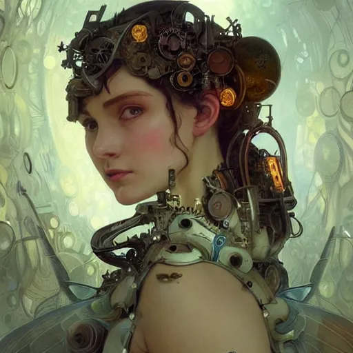 Image similar to portrait of a fairy with mechanical wings, wires and gears and machine, intricate, headshot, highly detailed, digital painting, artstation, concept art, sharp focus, cinematic lighting, illustration, art by artgerm and greg rutkowski, alphonse mucha, cgsociety