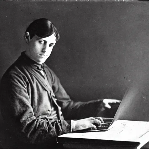 Prompt: Young man in 1910 working on a laptop, daguerreotype photo, HD