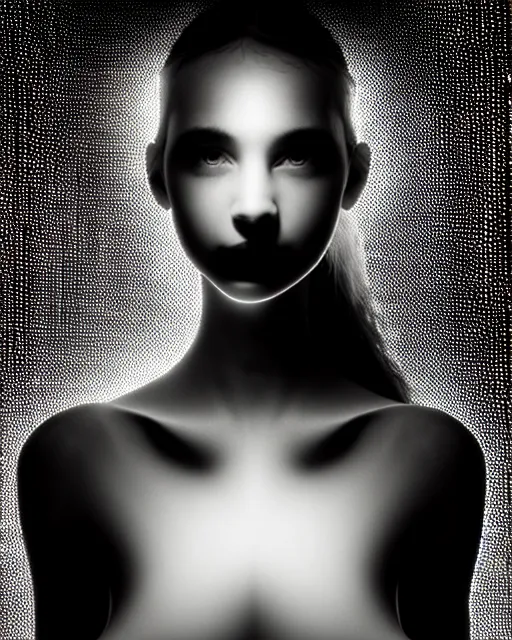 Image similar to black and white dreamy spiritual connected young female cyborg high quality photo, microchip, artificial intelligence, bio - mechanical bio - luminescence, black wired cables, neurons, nerve cells, cinematic, rim light, photo - realistic, elegant, high detail, 8 k, masterpiece, high fashion