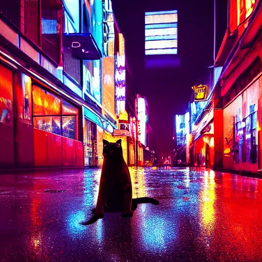 Image similar to a high quality low wide angle photo of a panther on the streets of a cyberpunk city, rainy, reflective ground, neon lights, realism, 8k