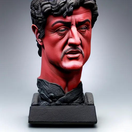 Prompt: museum stallone rambo portrait statue monument made from porcelain brush face hand painted with iron red dragons full - length very very detailed intricate symmetrical well proportioned balanced