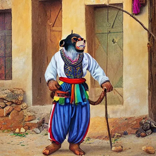 Prompt: beautiful painting by sophie anderson of a chimpanzee wearing kurdish clothes in a kurdish village, award winning art, insanely detailed, bright colors, global illumination, cute, young, stunning