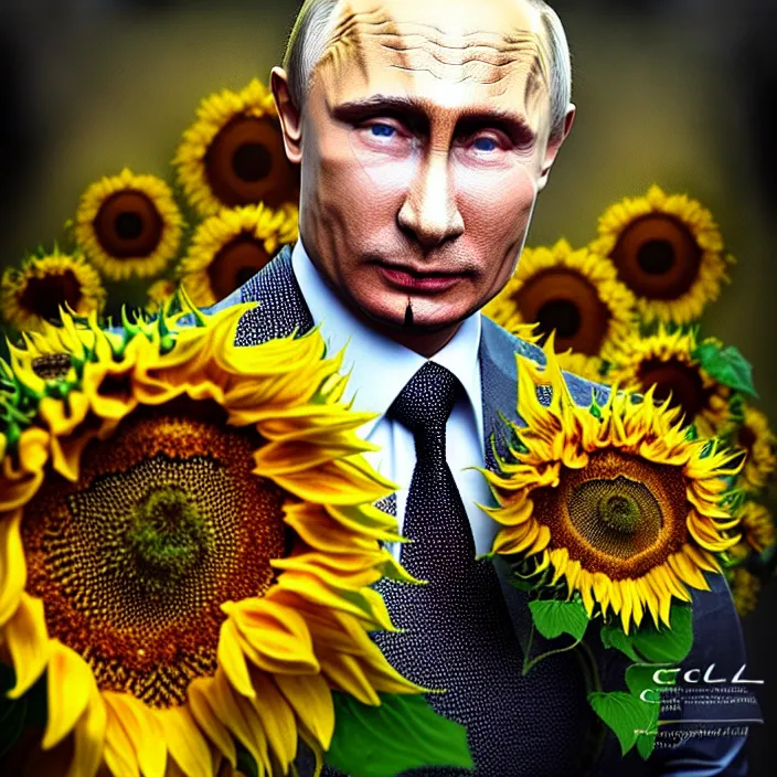 Image similar to photo portrait of Vladimir Putin - sunflowers - dressed in leisure shirt with ornamental ethereal sunflower pattern, natural skin tone, highly detailed realistic flowers ornament on the shirt, raging war and explosions in the background, eyebrows and wrinkles are intricate and highly detailed, elegant, Realistic, Refined, Highly Detailed, natural soft pastel lighting colors scheme, fine art photography by Cecil Beaton, volumetric lighting, hyper realistic photography