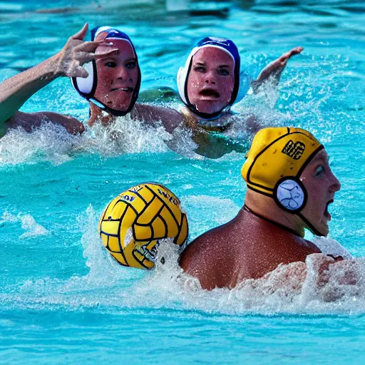 Image similar to hippopotamuses playing water polo against people. water polo photograph.