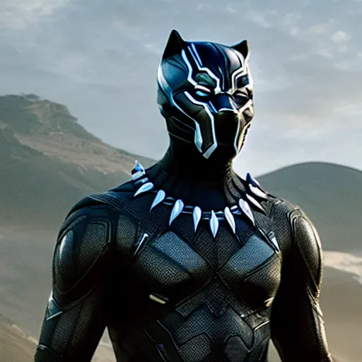 Prompt: cinematic film still of Ryan Gosling as Black Panther wearing his armour without the helmet in Avengers: Endgame