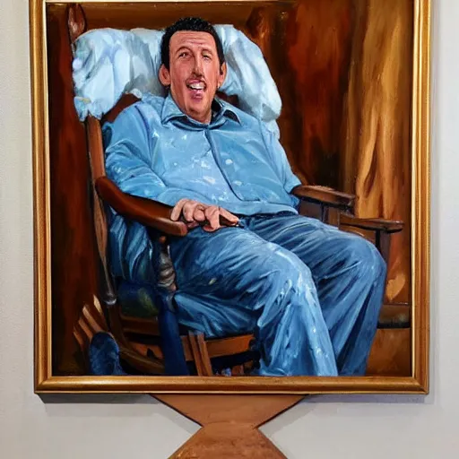 Image similar to adam sandler as a very old man sitting in a rocking chair, oil painting