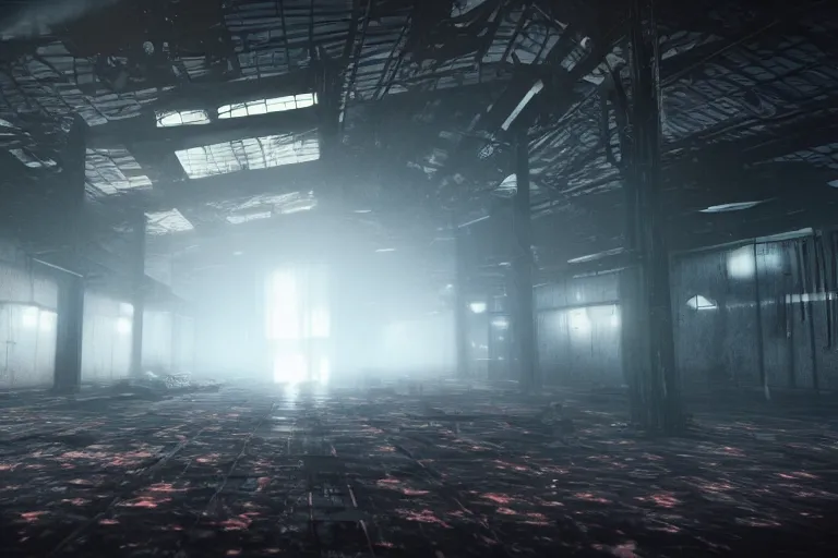 Image similar to Abandoned night hangar, dim blue light, foggy room, Several soldiers, laser sights on weapons, they are killed by a cyber woman, meat, blood, bones, spine, style Blade Runner, cinematic, volumetric light