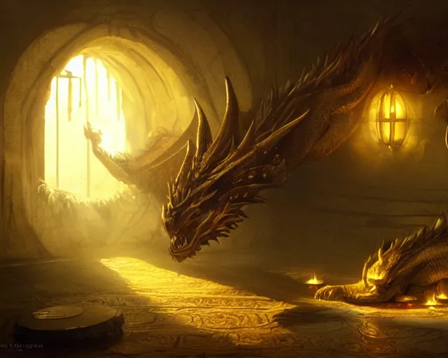 Prompt: dragon sleeping in a room filled with gold coin, gold, treasure. glistening, volumetric light, by greg rutkowski
