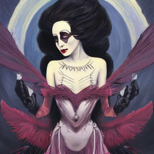 Image similar to Anna pavlova as beautiful dark angel gothic atompunk evil Disney villain queen with black feather hair, feathers growing out of skin, in front of space station window, highly detailed, dreamy, oil painting, Mike mignola, trending on artstation, comic book cover, illustration