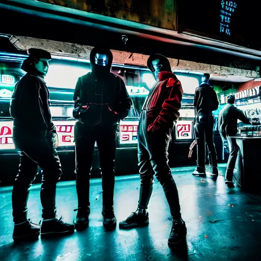 Image similar to photograph of retro techwear people loitering near the bar of a packed busy rundown nightclub, retrofuturism, brutalism, cyberpunk, sigma 85mm f/1.4, 35mm, 4k, depth of field, high resolution, 4k, 8k, hd, highly detailed, full color