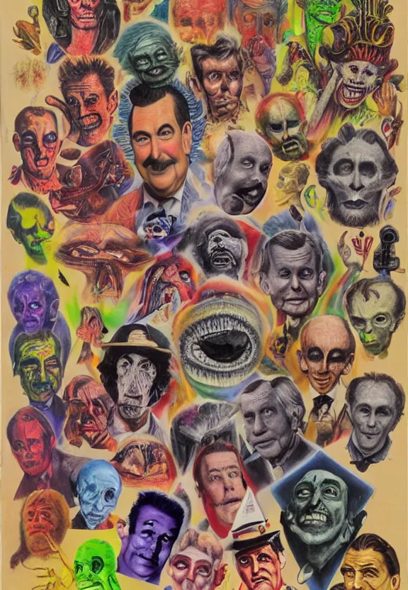 Prompt: famous people, subgenius, x - day, aliens, weird stuff, occult stuff, devil stuff, less detail, colorful, stained paper, hyperrealism, stage lighting