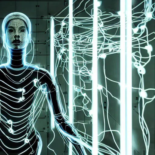 Image similar to in a dark room, a female cyborg with translucent skin showing circuitry and loose wires exploding into particles