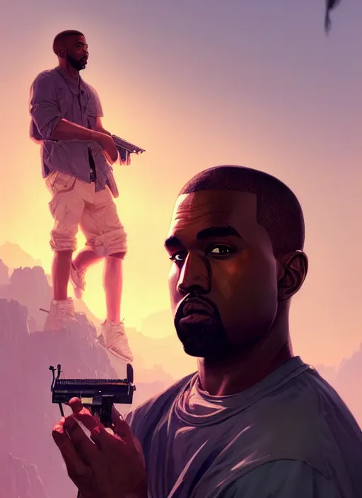 Image similar to highly detailed portrait kanye holding ak in gta v stephen bliss unreal engine fantasy art by greg rutkowski loish rhads ferdinand knab makoto shinkai lois van baarle ilya kuvshinov rossdraws tom bagshaw global illumination radiant light detailed intricate environment