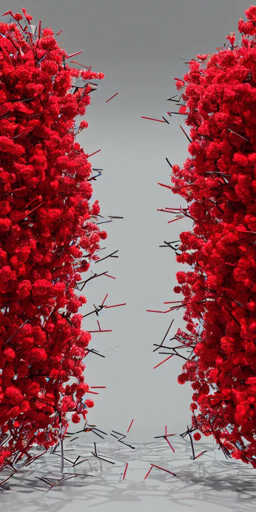 Image similar to 3 d photographic render of gate sculpture with red sakura flowers made of chrome, chrometype, made of liquid metal, neotribal with thorns and thunders, cyberpunk, raytracing, hyper realistic, volumetric lightning, 8 k, by zhelong xu and ouchh studio