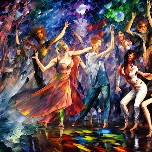 Prompt: rave dance party by arthur adams, charlie bowater, leonid afremov, chiho ashima, karol bak, david bates, tom chambers