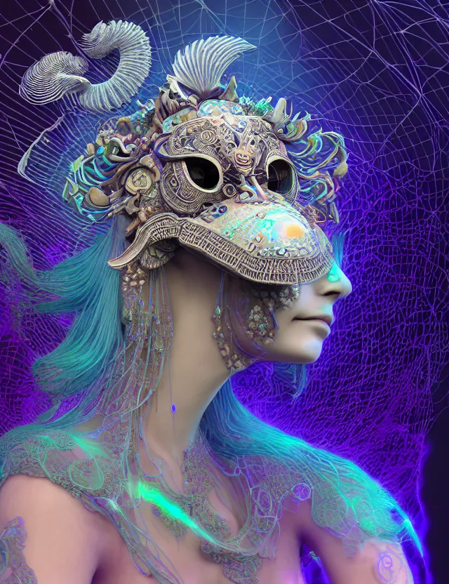 Prompt: 3 d goddess close - up profile solarpunk portrait ram skull. beautiful intricately detailed japanese crow kitsune mask and clasical japanese kimono. betta fish, jellyfish phoenix, fractal flame, holographic, bio luminescent, plasma, ice, water, wind, creature, artwork by tooth wu and wlop and beeple and greg rutkowski