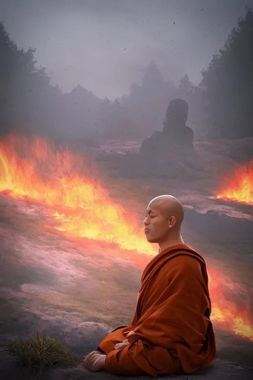 Prompt: A monk meditating in an environment on fire by Afshar Petros, Trending on artstation.