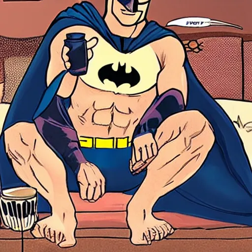 Image similar to photo of batman sitting in his tighty whities and drinking coffee