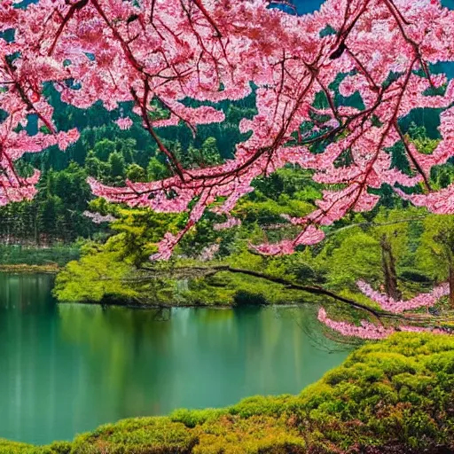 Prompt: Sakura plant forest and lakes with snow mountains at the background