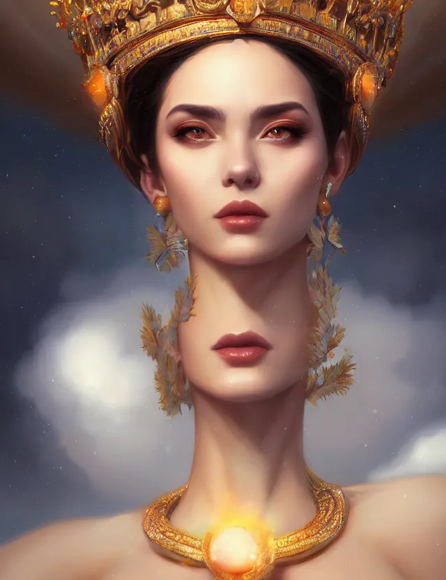 Image similar to blurred background. close-up portrait of a goddess in crown, by Artgerm and Afarin Sajedi and greg rutkowski. octane render