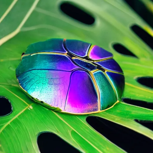 Image similar to an iridiscent scarab walking on top of a monstera leaf, 35mm, f1.8, realistic