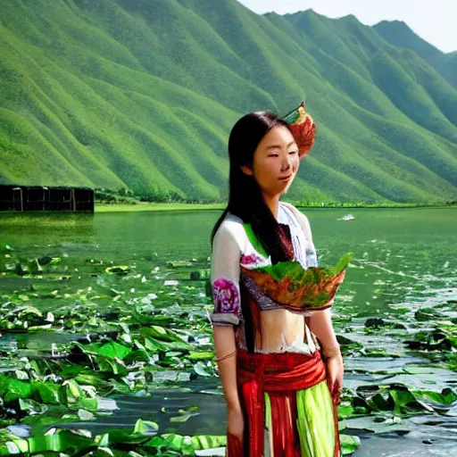 Prompt: here on the land of qin, i see a young lady, by the green waters she picks mulberry leaves