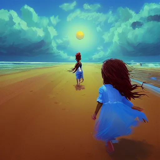 Prompt: portrait, giant rose flower head, girl running at the beach, surreal photography, sunrise, blue sky, dramatic light, impressionist painting, digital painting, artstation, simon stalenhag