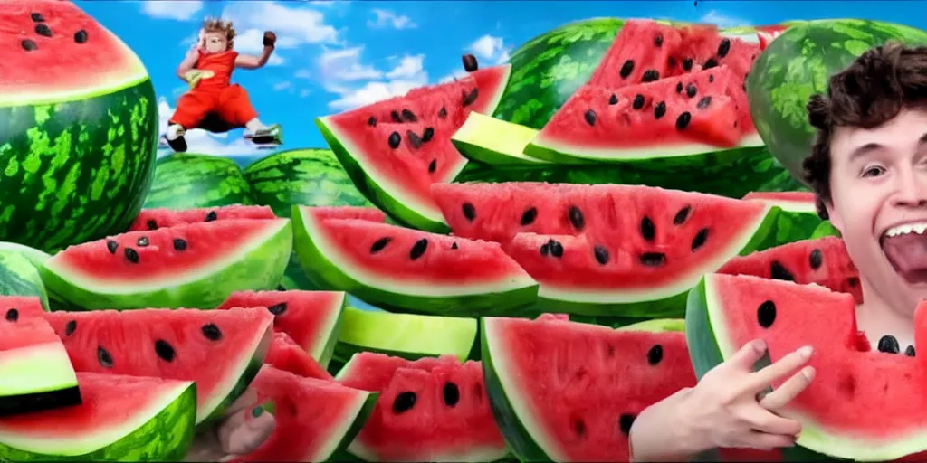 Image similar to YouTube thumbnail about giant watermelon rampage town