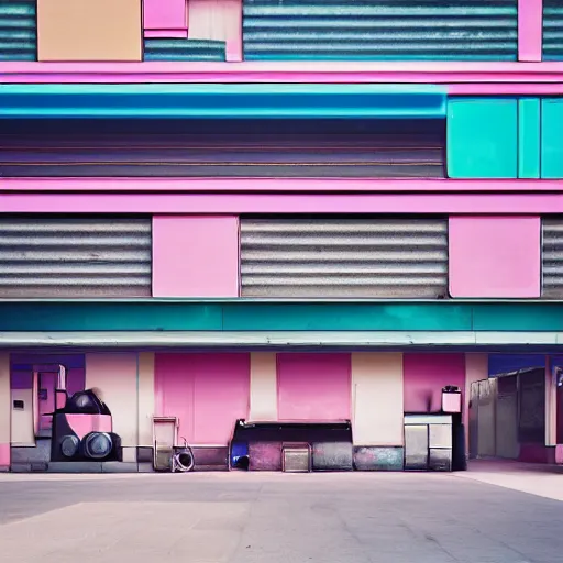 Image similar to retrofuturistic street scene with a row of large polished concrete platforms leading from near to far, focus on pink and blue colours, steam from ground