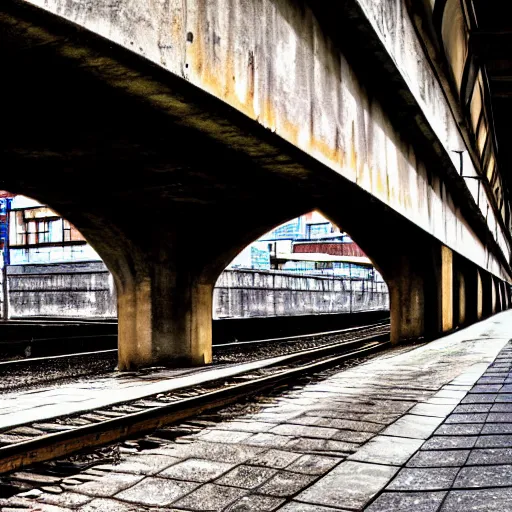 Image similar to poor people life under railway bridge, hyper realistic, best on adobe stock, 3 5 mm lens by steve mccury