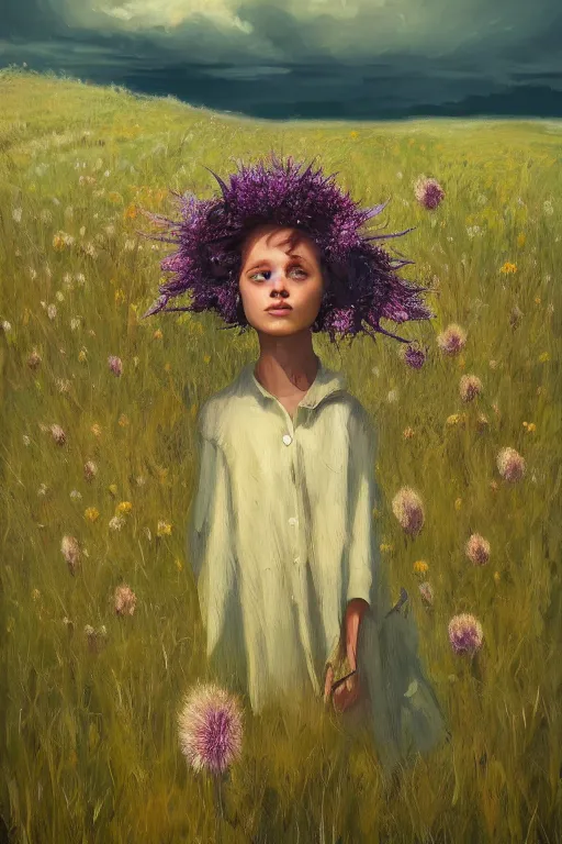 Prompt: portrait, enormous thistle flower under head, a girl in a coat in field, surreal photography, wind, cloudy sky, dramatic light, impressionist painting, digital painting, artstation, simon stalenhag