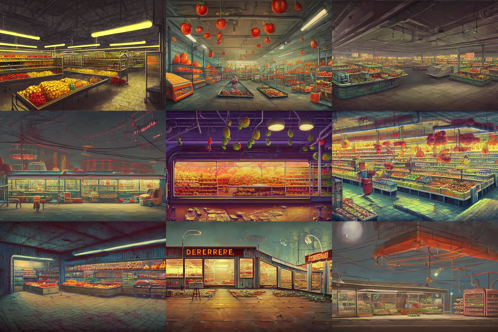 Prompt: beautiful painting of a dreamy fruit store industrial complex in the style of Simon Stålenhag and H. R. Giger, detailed, trending on Artstation
