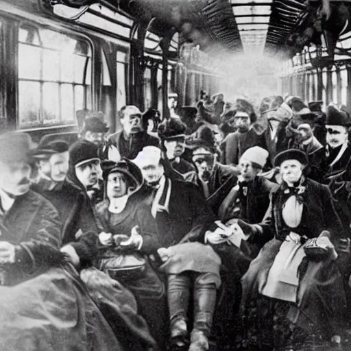 Image similar to an old historical photo of commuters in the train to new york, 1 8 9 0, everybody is looking on their smartphones