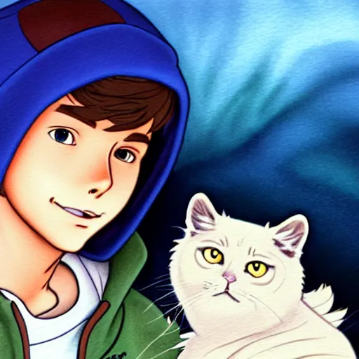 Prompt: teen boy with brown hair and big blue eyes, wearing a hoodie, holding a fluffy white persian cat, natural lighting, path traced, highly detailed, high quality, cartoon, digital painting, by don bluth and ross tran and studio ghibli and alphonse mucha, watercolor background