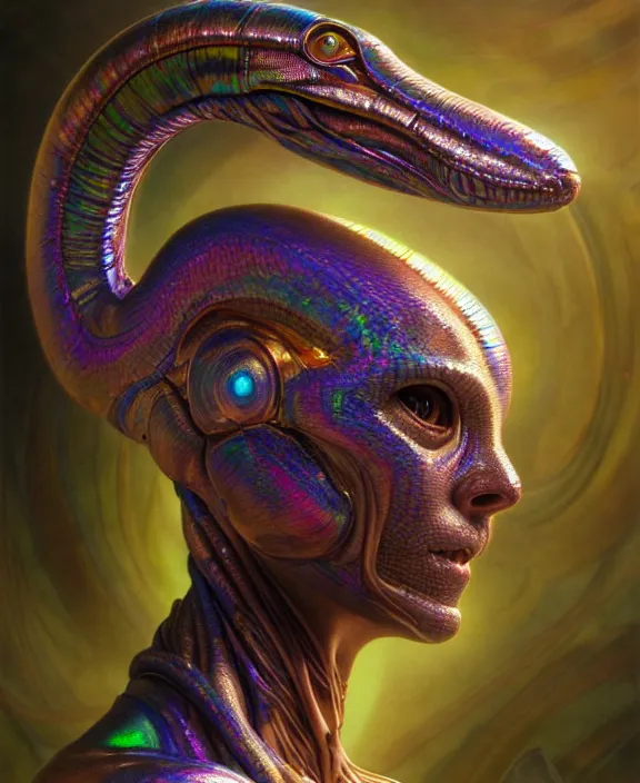 Image similar to intricate iridescent portrait of a disturbing beautiful alien snake creature, mottling coloring, adorable, childlike, medical equipment hospital environment, ultra realistic, concept art, art nouveau, photorealistic, octane render, 8 k, unreal engine. art by christopher marley and artgerm and greg rutkowski and alphonse mucha