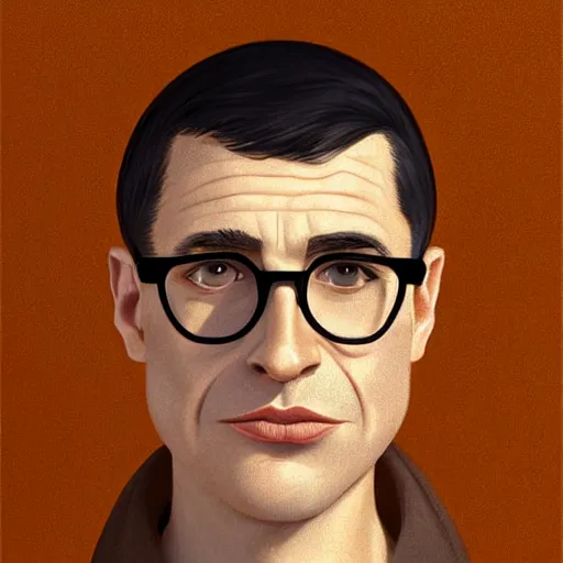 Prompt: 50 year old brunette man with very short hair, round face, circle face, circular face, wide wide wide face, round jaw, wide chin , romanian, silver small glasses, romanian heritage, brown eyes, brown eyes, olive skin, round nose, round chin, clean shaven wide face, thin lips, digital art, concept art, cgsociety, painterly, painting, 8k, illustration, painting, dramatic, beautiful, art by loish loish loish, cartoon, stylized painterly, trending on artstation, medium shot, uncropped