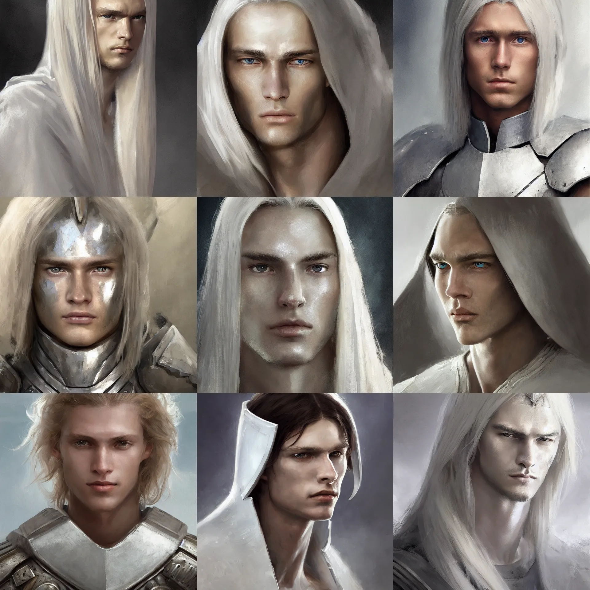 Prompt: digital art painting of young skinny bjorn andresen, feminine beautiful face, white long straight hair, wearing a white silver armor dnd portrit painted by craig mullins and gaston bussiere and greg rutkowski, symmetrical face, defined facial features, symmetrical facial features, dramatic lighting, close up