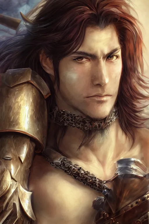 Image similar to A realistic anime portrait of a young handsome male barbarian with long wild hair, intricate fantasy spear, plated armor, D&D, dungeons and dragons, tabletop role playing game, rpg, jrpg, digital painting, by Yoshitaka Amano and Ayami Kojima and Akihiko Yoshida, digtial painting, trending on ArtStation, SFW version