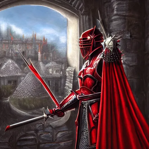 Image similar to red knight, fantasy art, located in a castle, legendary spiky armor, red sunlight through the window, decorated, high quality, highly detailed,