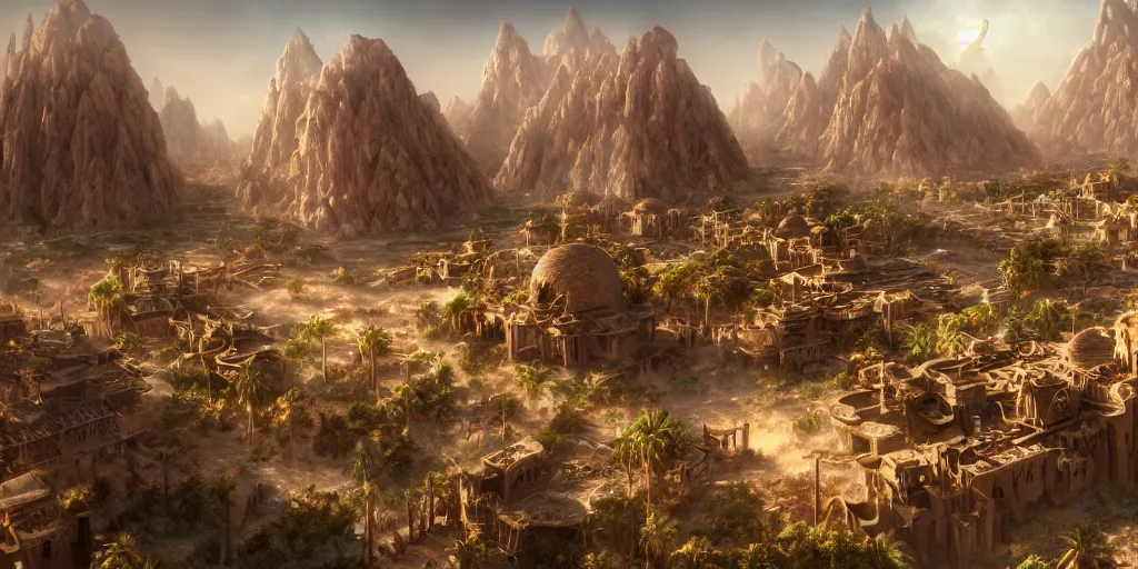 Prompt: Sprawling high fantasy oasis desert village, Cinematic Matte Painting, Insanely Detailed, Award Winning, Trending on Artstation, 8k, UHD