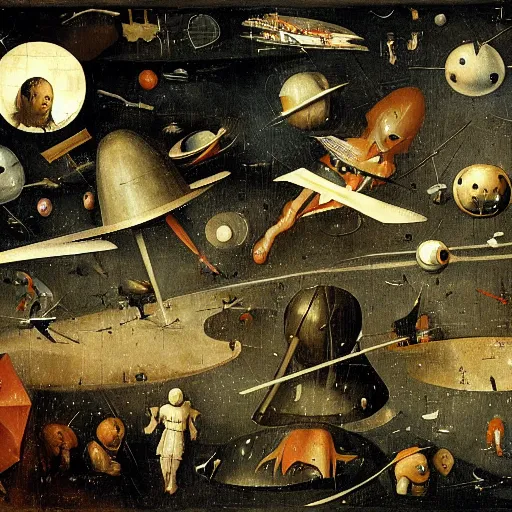 Prompt: space battle by hieronymus bosch