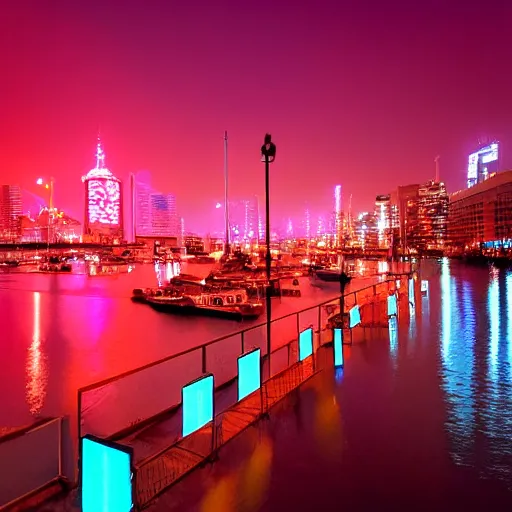 Image similar to the city lights were bright pink and orange and shone overhead. the harbour looked beautiful the sun reflecting off of the water and the neon lights of the city gave of a warm feeling, trending on artstation