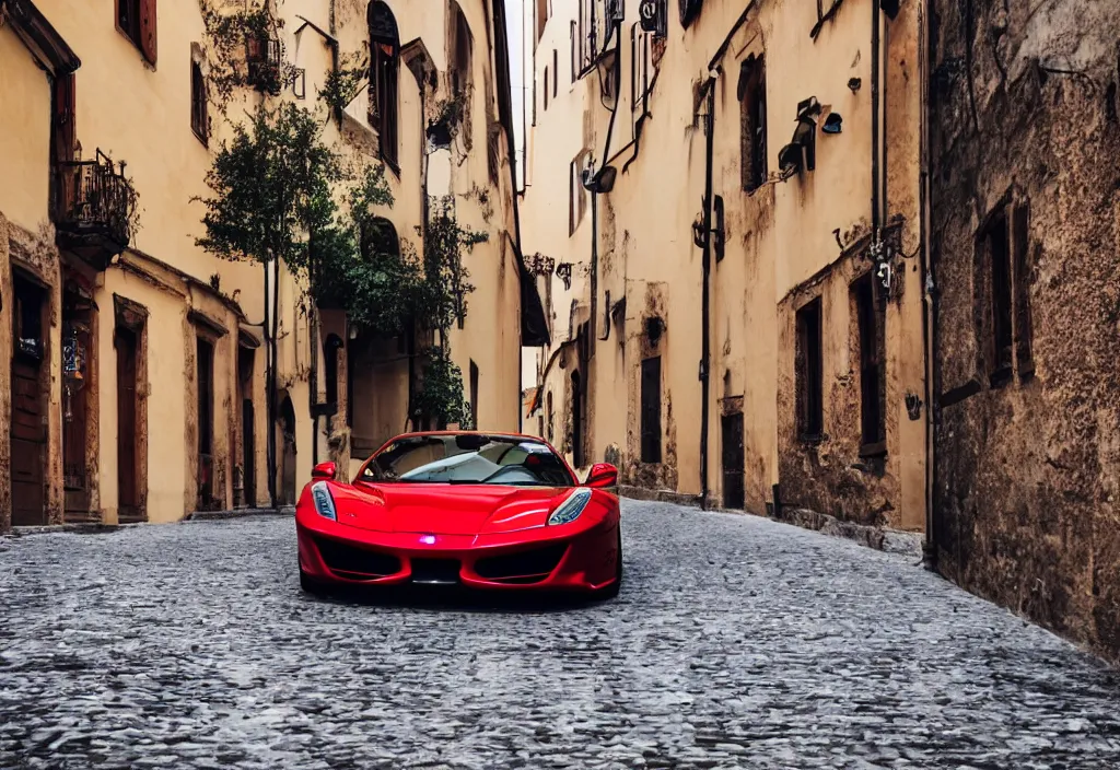 Prompt: ferrari in an old town