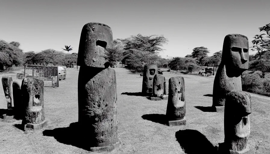 Image similar to black and white noir film. moai. cannabis plants everywhere.