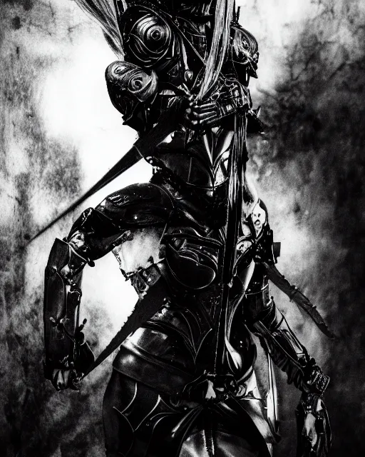 Image similar to portrait of a female crusader by tsutomu nihei, monochrome, gothic, dark, high contrast